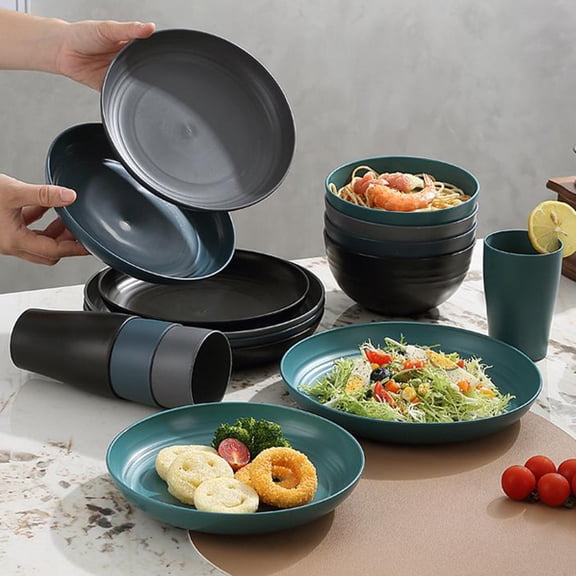 Fzsteel 16-Piece Plastic Dinnerware Set for Family Gatherings, Includes Bowls, Plates, and Cups, Modern Design for Home or Restaurant Use, Lightweight and Durable