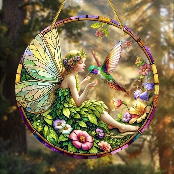 Fzsteel 2D Acrylic Forest Green Hummingbird Heart-Shaped Wreath Wall Decoration Window Hanging Gift for Home Decor