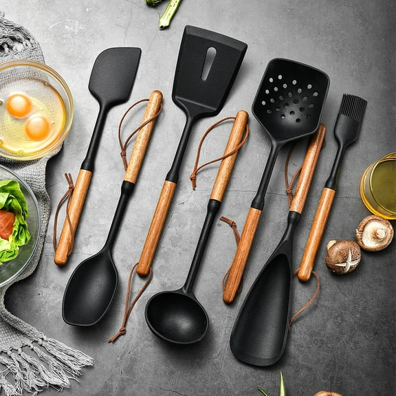 Fzsteel 7-Piece Silicone Kitchen Utensils Set with Ergonomic Wooden Handles, Heat-Resistant Up to 446°F, Safe for Non-Stick Cookware, Includes Spatula Ladle Spoon and More