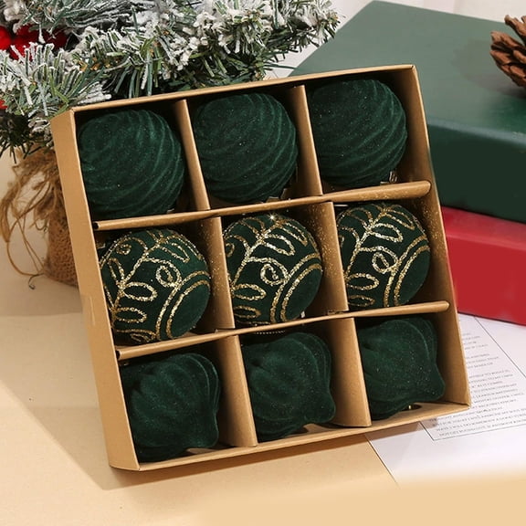 Fzsteel 9-Piece Flocked Christmas Ball Set – Velvet Finish for Tree Decor, Multiple Styles and Colors, Easy to Hang, 2.36 Inch Diameter