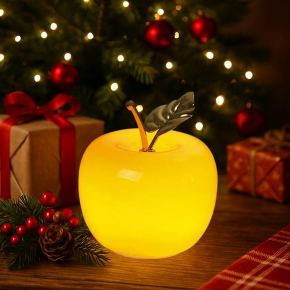 Fzsteel Apple-Shaped Fruit Night Light – Christmas Holiday Decor, Battery-Powered for Cordless Use, Glass Construction with Metal Leaves