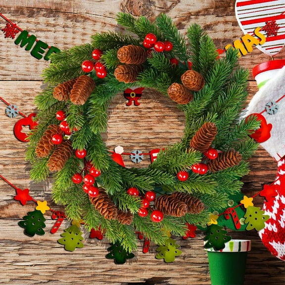 Fzsteel Artificial Christmas Wreath with Pine Cones Red Berries - 36x36x5cm Waterproof Fade-Resistant Holiday Decor for Indoor Outdoor Use