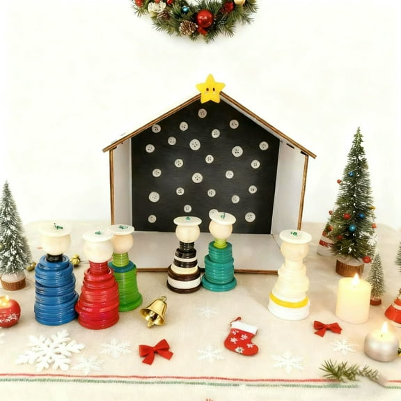 Fzsteel DIY Wooden Nativity House Button Craft Kit Home Decoration Set