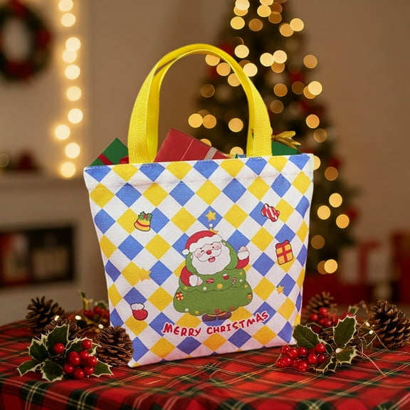 Fzsteel Canvas Tote Bag Christmas Design For Gift Wrapping With Santa Snowflakes Prints Reusable 23x13x23cm Durable Canvas Holiday Shopping Bag