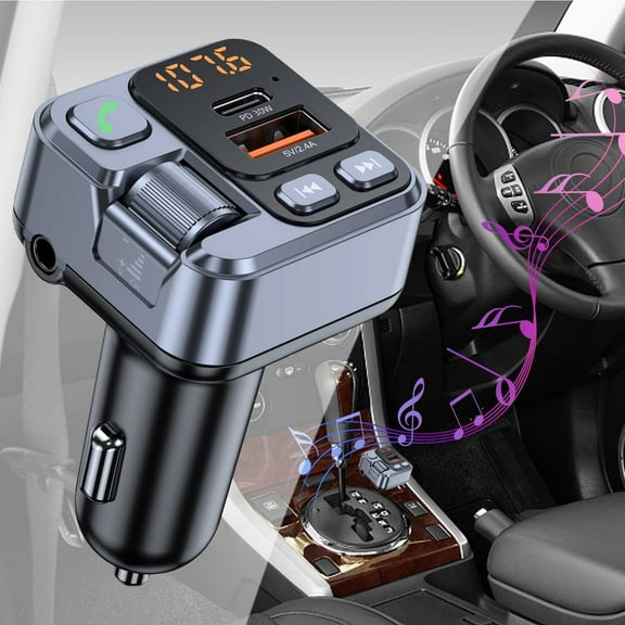 Fzsteel Car Bluetooth FM Transmitter with Lossless Stereo Sound, Dual USB-C Fast Charging, Hands-Free Calling & Real-Time Voltage Monitor for iPhone 15/Android