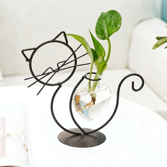 Fzsteel Cat-Shaped Wrought Iron Hydroponic Flower Vase for Home Decor, Living Room and Dining Table Centerpiece, Personalized Ornamental Piece