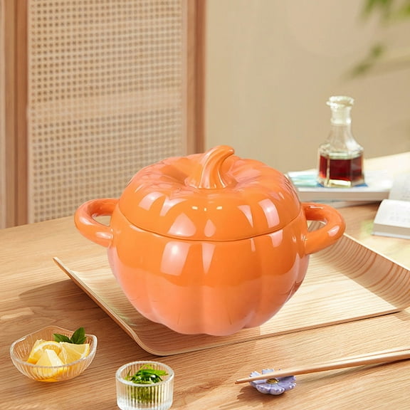 Fzsteel Ceramic Soup Bowl With Lid 1800ML Pumpkin-Shaped Double Handle Microwave Safe Dishwasher Friendly Large Capacity Home Kitchenware
