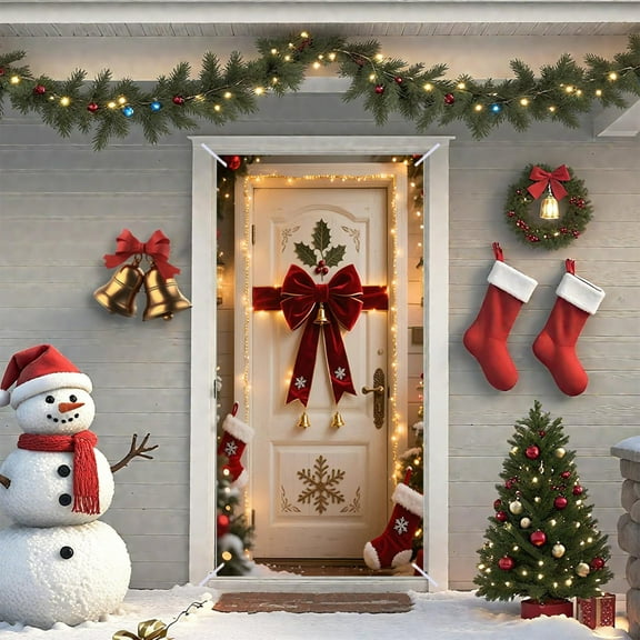 Fzsteel Christmas 3D Visual Door Cover with Festive Swag Design - Durable Polyester Holiday Backdrop for Welcoming Winter Decoration (90x185cm)