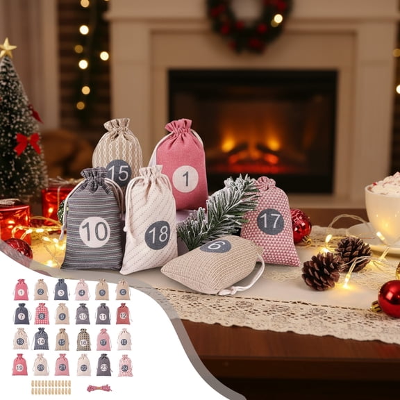 Fzsteel Christmas Advent Calendar Candy Hanging Bags Set – 24 Bags with Clips and Ropes, for Holiday Countdown, 5.12"x6.8" Size