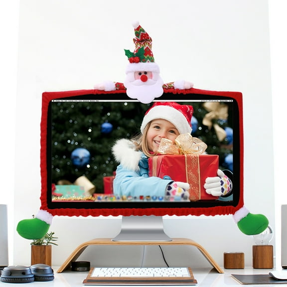 Fzsteel Christmas Computer Monitor Cover Elastic 3D Design for 19-27 Inch Screens - Santa Design