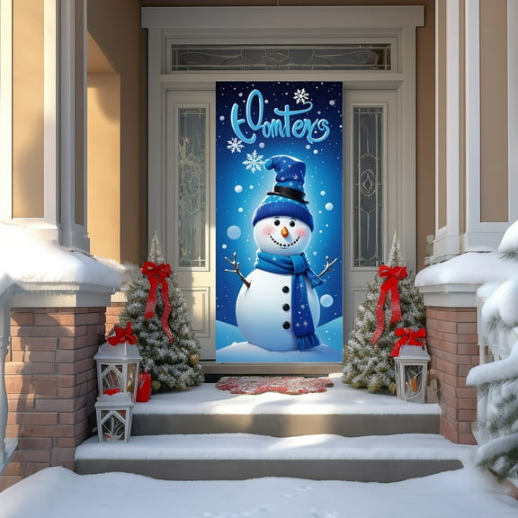 Fzsteel Christmas Door Cover With Snowman Design Polyester Holiday Decoration 90x200cm For Indoor Outdoor Use Durable Tear-Resistant Lightweight Front Door Banner
