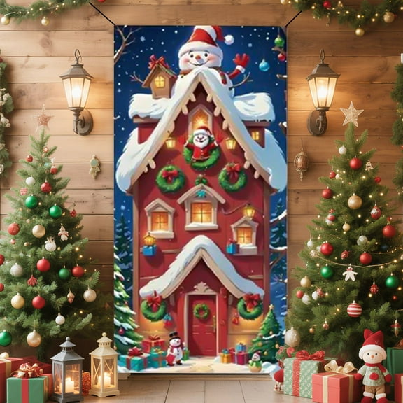 Fzsteel Christmas Door Cover With Santa Claus Patterns - Durable Polyester Holiday Decoration for Festive Home Party (35x71 Inches, Easy to Install)