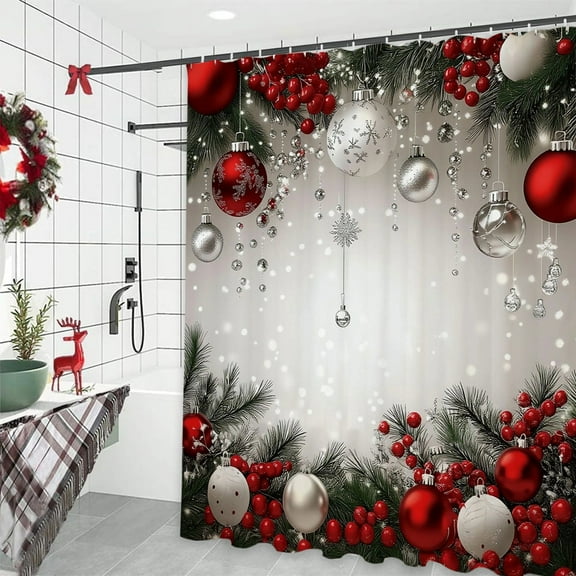 Fzsteel Christmas Themed Waterproof Polyester Shower Curtain with Festive Snowflakes and Trees Design for Holiday Bathroom Decor, 70x59 Inches