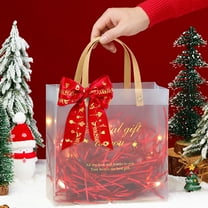 Fzsteel Christmas Transparent Gift Bag 2-Pack Set with Gold Handle and Red Bow Decoration 15x13.5x7cm Plastic Material Lightweight and Durable for Gift Packaging
