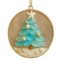 Fzsteel Christmas Tree Ornament Sea Glass Mini Beach Holiday Decor with Natural Sand & Handmade Acrylic Design, Coastal Style Pendant for Family Gatherings, 8cm