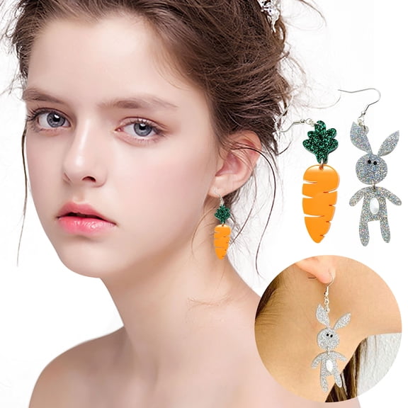 Fzsteel Cute Asymmetrical Rabbit Carrot Earrings Long Dangling Acrylic Resin Earrings for Women Girls Easter Spring Party Everyday Versatile Wear