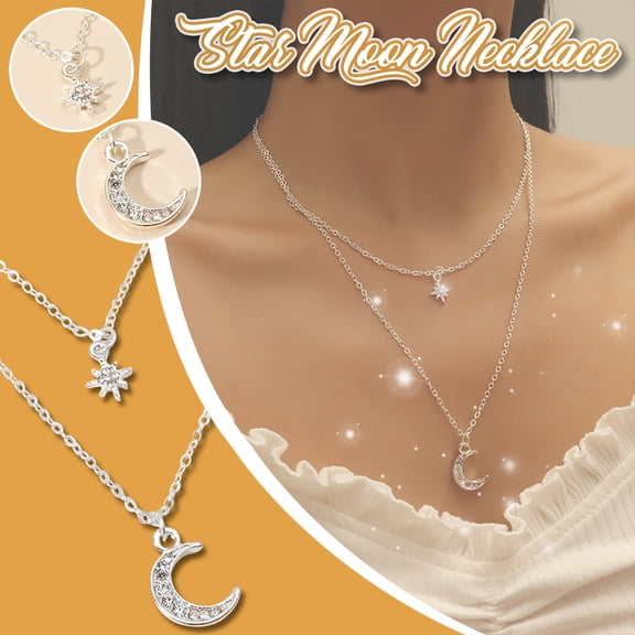 Fzsteel Double Layer Star and Moon Rhinestone Necklace in European Fashion Style with Adjustable Length for Women and Girls, Ideal for Parties and Family Gatherings