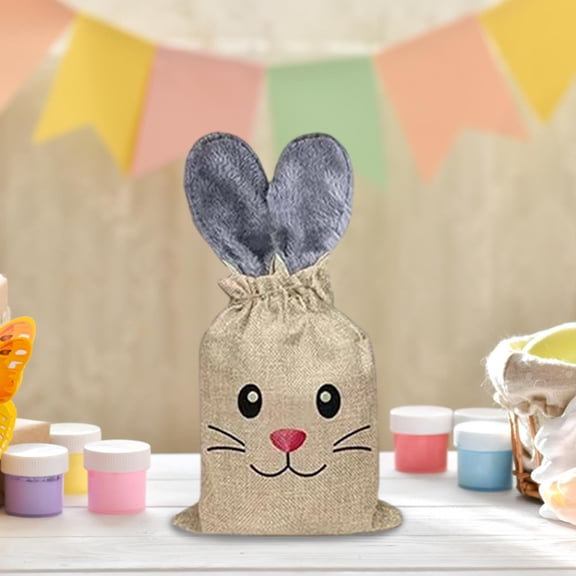 Fzsteel Easter Bunny Drawstring Bag with Fluffy Ears – Festive Party Favors, Secure Drawstring Closure, Durable Linen Material, 10.24x7.87 Inches