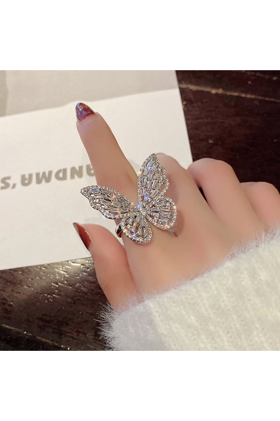 Fashion Jewelry Open Butterfly Ring with Inlaid Zircon Exaggerated Large Design Perfect Gift for Women