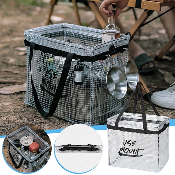 Fzsteel Foldable Transparent PP Storage Box for Camping, Organizer with 20 Hanging Holes & 2D Buckles, Multipurpose Collapsible Trunk for Clothes, Toys, Snacks