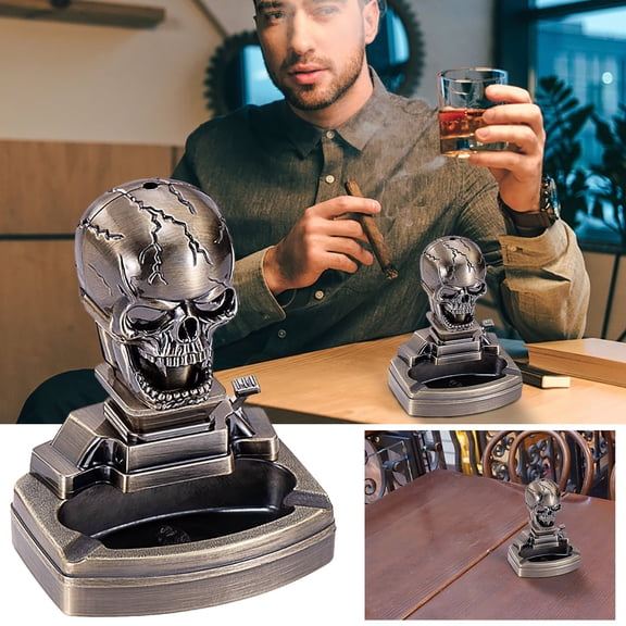 Fzsteel Ghost Head Metal Ashtray and Lighter Set  Decorative Home Office Use, Large Ash Capacity, Slip-Resistant Base, 5.9x4.3x3.1 Inches