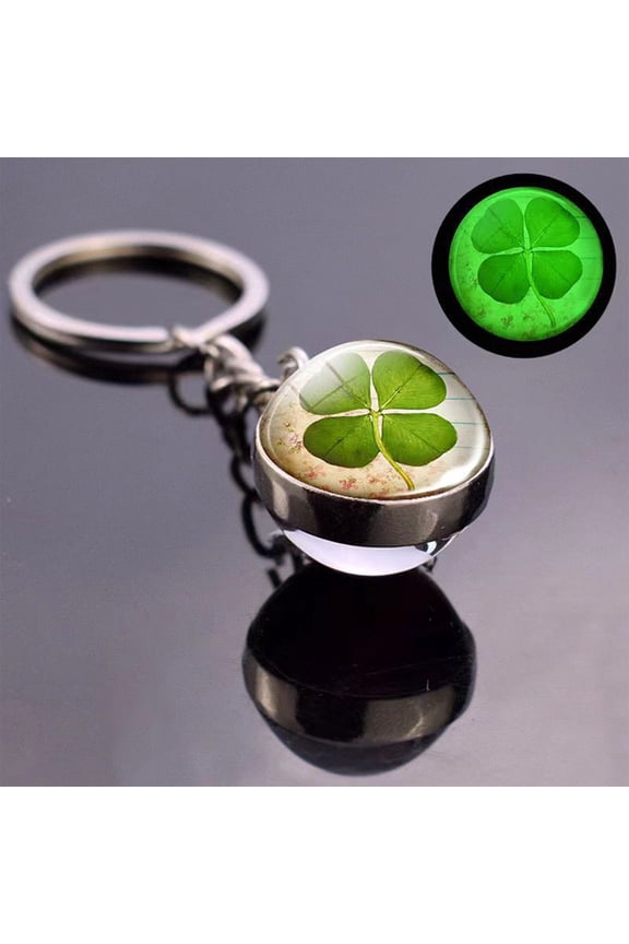 Glow in the Dark Four-Leaf Clover Keychain with Crystal Ball Pendant for Good Luck - St. Patrick's Day, Easter, Birthday Gift Idea