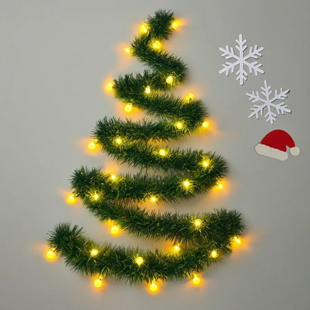 Fzsteel Glowing Christmas Garland With Warm White LED Lights - Battery Operated Decorative Pine Vines for Walls Porch and Tree Decorations, 78.74in Green PVC Timer Function