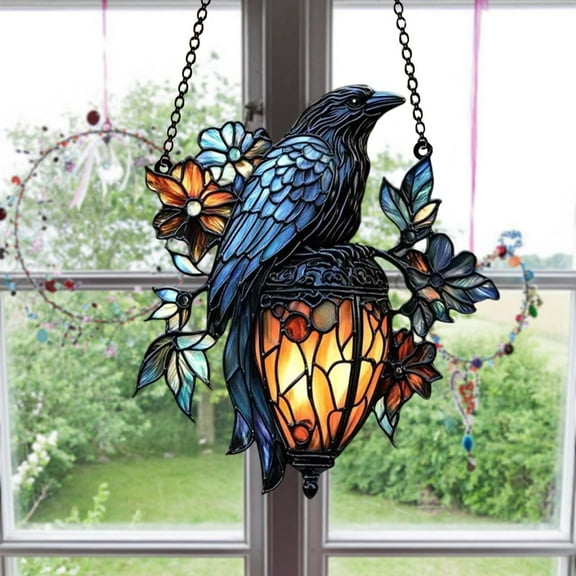 Fzsteel Gothic Crow Suncatcher Hanging Ornament Stained Glass Window Art Decor with Scrollwork Design for Home Gothic Theme Decoration