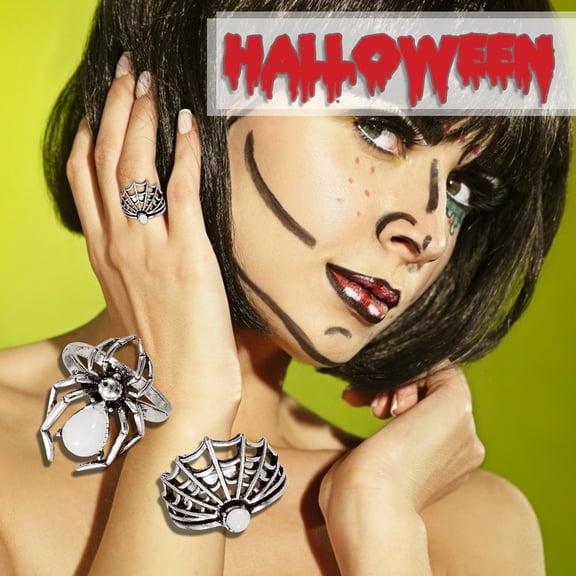 Fzsteel Halloween Spider Rings 2-Piece Set Fashion Jewelry for Women and Girls Scary Party Accessories with Alloy Material