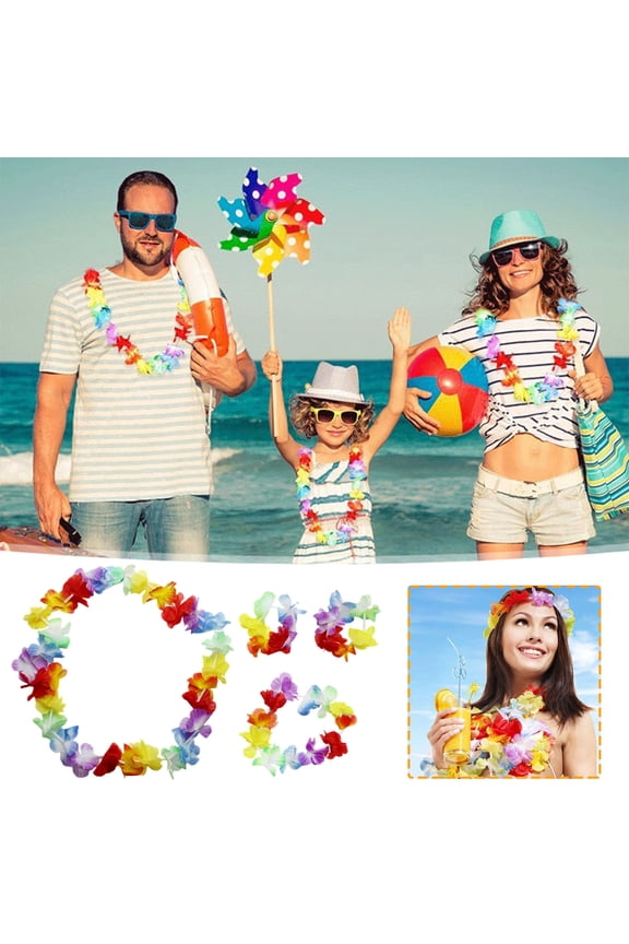 Handcrafted Vibrant Hawaiian Lei Set – Ideal for Tropical Parties and Beach Events, Soft Stretchable Comfort, 4-Piece Flower Garland Ensemble