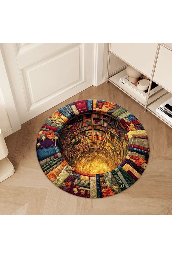 High-Definition 3D Optical T-Rex Book Cave Round Rug Non-Slip Crystal-Velvet Floor Mat for Bedroom, Library, Study Room Comfortable Home Decor