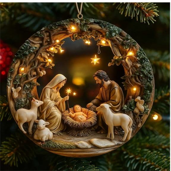 Fzsteel Illuminated Nativity Scene Acrylic Christmas Ornament with Built-In Lights, Religious Holiday Decor, Durable 2D Hanging Ornament for Tree