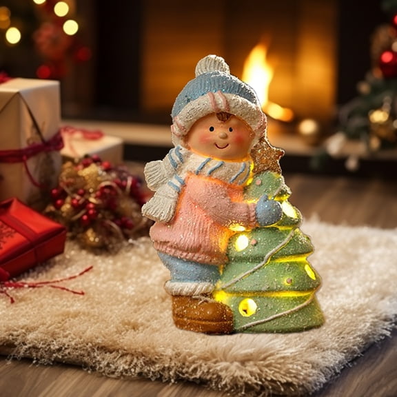Fzsteel LED Lighted Painted Boy and Girl Christmas Figurine – Glowing Holiday Decor for Tabletop and Mantel, Adds Festive Warmth and Joy, 6.29x5.07x3.14 Inches