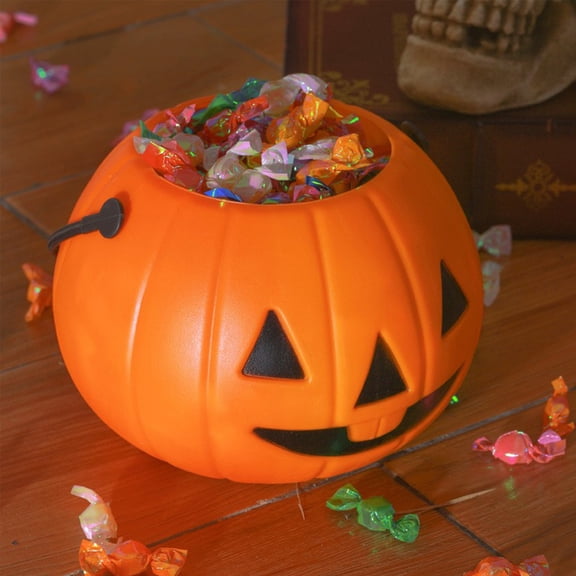 Fzsteel Lighted Halloween Pumpkin Candy Bucket with Handle  Decorative Table Centerpiece for Indoor and Outdoor Use, Perfect for Storing Treats, Measures 6.3x6.3 Inches