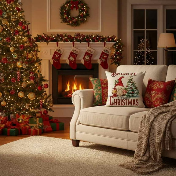 Fzsteel Linen Pillowcase Christmas Dwarf Design 25X25 Inch Soft Festive Holiday Decor For Sofa Bed