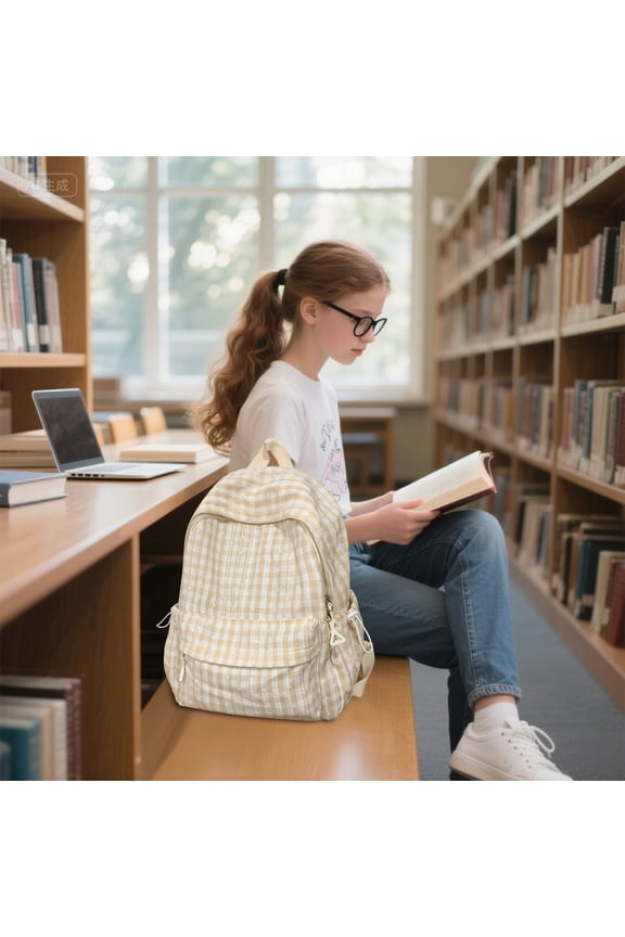 Literary Plaid Backpack Lightweight & Breathable For High School Campus Summer Travel With Multiple Compartments for Students Women