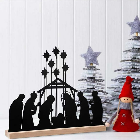 Fzsteel Nativity Scene Decor Iron Christmas Ornament With Wooden Base For Indoor Shelf Tabletop Religious Home Decor Durable Handmade Holiday Decoration