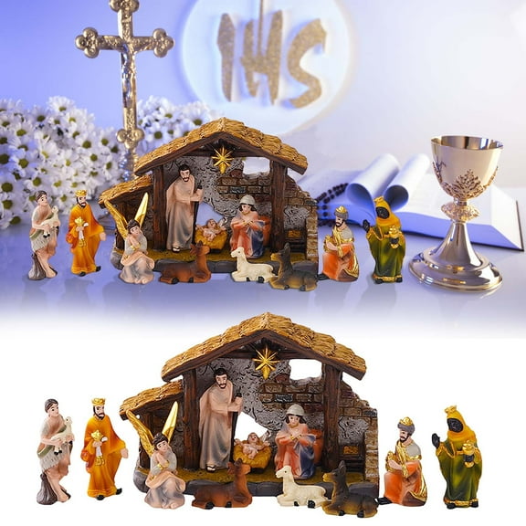 Fzsteel Nativity Set Hand-Painted Traditional Christmas Decor with Stable Base 17x11x5cm Durable Resin Crafts for Home & Gift