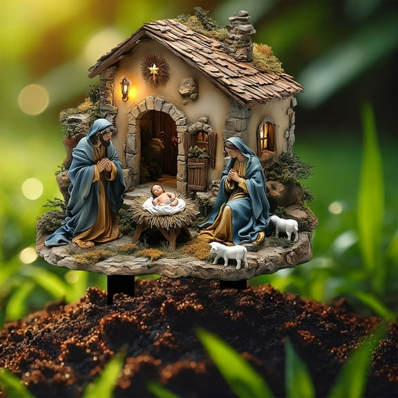 Fzsteel Outdoor Nativity Scene Ground Plug With LED Lights, Weatherproof Acrylic Resin Christmas Home & Garden Decor, 30x25x1cm Religious Yard Art