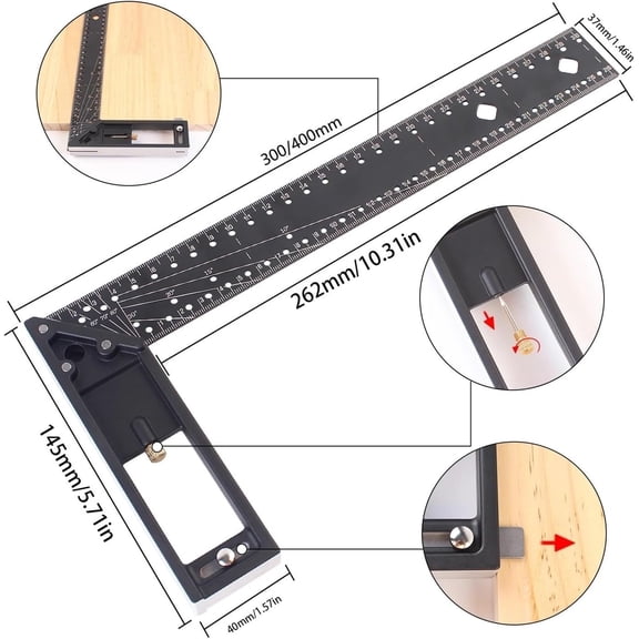 Fzsteel Precision Right Angle Ruler 45/90 Degree Multi-Functional Scribing Gauge With Measurement Markings For Carpentry & Metalworking, 36x20x1cm 200g Industrial Metal Tool