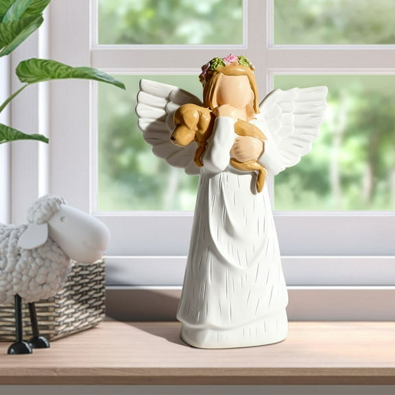 Fzsteel Resin Figurine Cuddling Dog Angel with White Wings Healing Style Home Desktop Ornament 200g 15x10x6cm