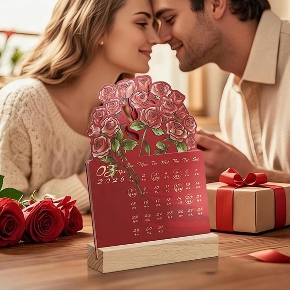 Fzsteel Rose Wooden Desktop Calendar 2026 - Natural Solid Wood Countdown Desk Organizer with Full Year Calendar for Home Office Decor