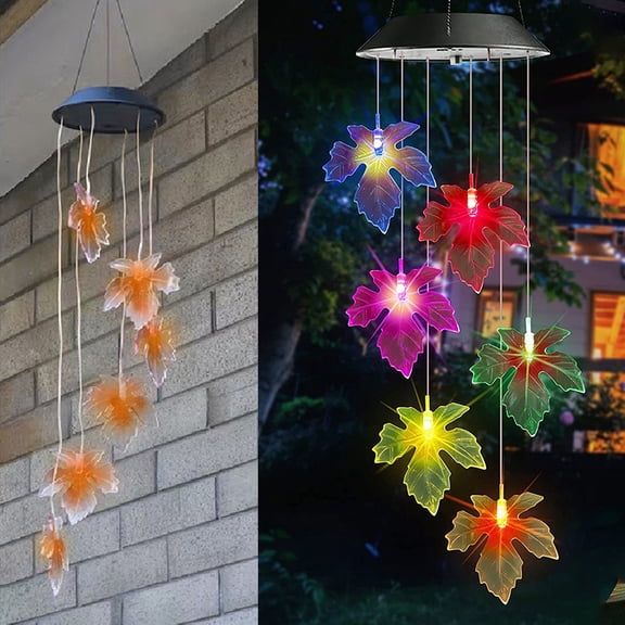 Fzsteel Solar-Powered Outdoor Waterproof Maple Leaf Wind Chime Light with Multicolor LED for Garden, Patio, Balcony Decoration