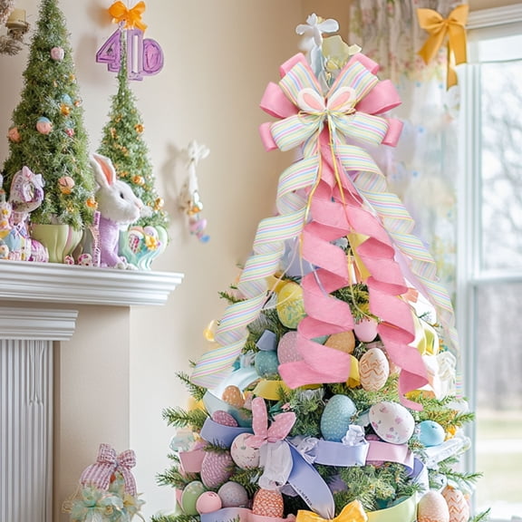 Fzsteel Vibrant Large Easter Bow Decoration for Front Door - Colorful Bunny Border with Wired Frame for Festive Home Decor, 53x13 Inches