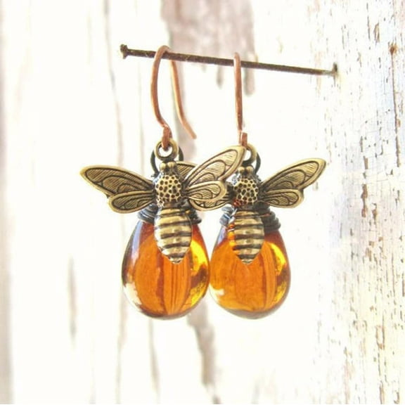 Fzsteel Vintage Bee Drop Earrings with Amber Accents, Exaggerated Dangle Jewelry for Women, Ideal Gift for Birthday Anniversary Wedding Party, Suitable for Everyday Wear