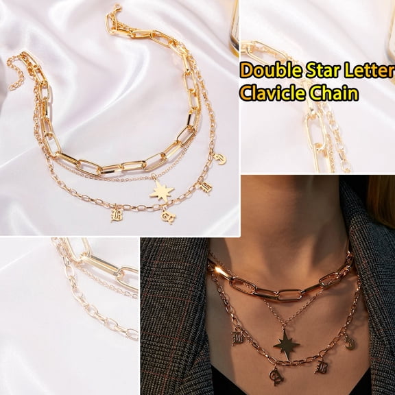 Fzsteel Vintage Style Multi-Layer Star and BABD Letter Pendant Necklace for Women Fashion Clavicle Chain Gift 18 Inch