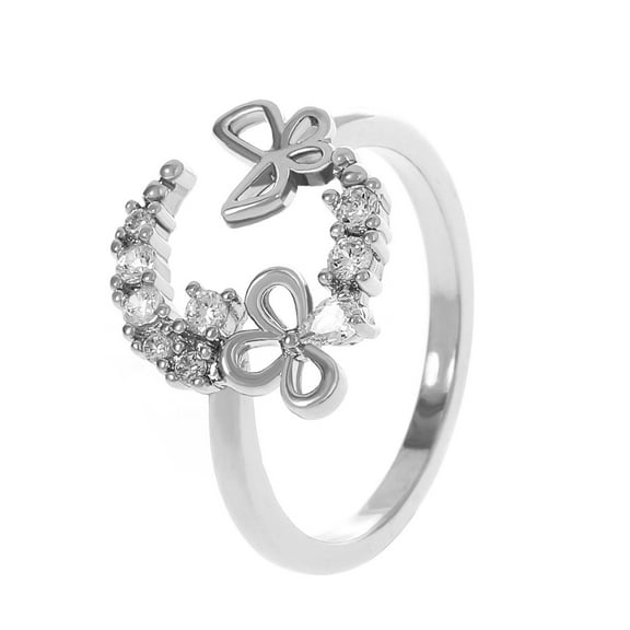 Fzsteel Women's Fashion Diamond Moon Butterfly Open Finger Ring with Geometric Hollow Design for Elegant Jewelry Accessory and Gift Giving
