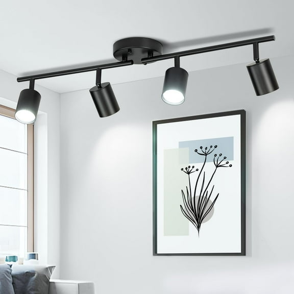 Fzzerow LED 4 Light Track Lighting Kit, Black 4 Way Ceiling Spot Lighting, Flexibly Rotatable Head for Kitchen, Living Room, Bedroom, UL, GU10 Bulb Not Included
