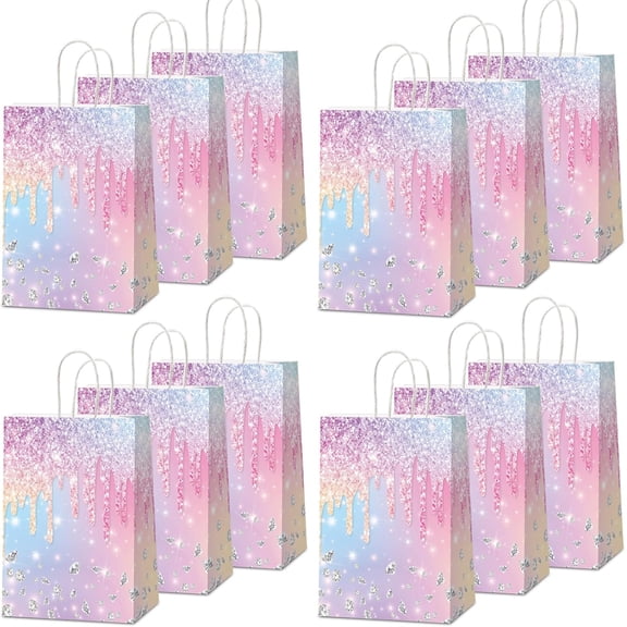 G 12Pcs Iridescent Diamond Birthday Gift Bags Glitter Diamond Goodie Bag Happy Birthday Treat Bag Colorful Glitter Candy Bags Supply Wedding Bridal Baby Shower Party Favors Decorations 4.7*3.15*8inch