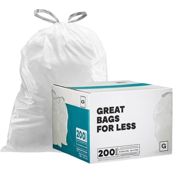 G (200 Count) White Drawstring Garbage Liners 8 Gallon / 30 Liters, 17.5" x 28"
